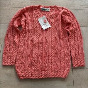 NWT Aran Crafts Ireland cableknit sweater XS coral